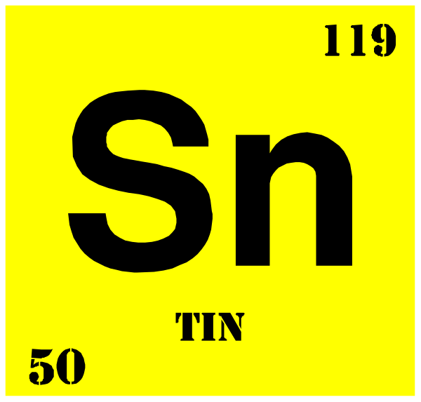 The periodic table with elements Sn (tin) at position 50 on a yellow background labeled "SIN".