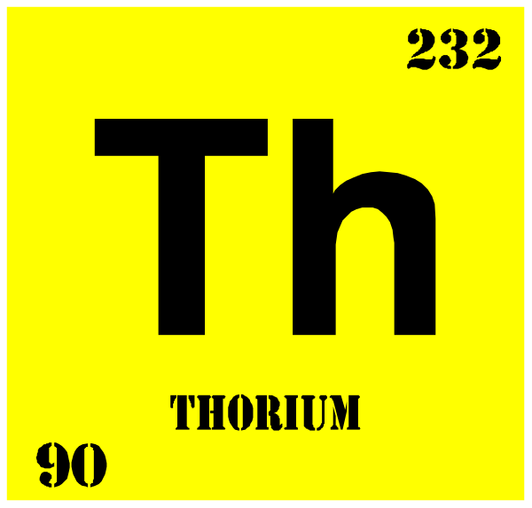 The periodic table element symbol for thorium (Th) with its atomic number 52 is displayed on a yellow background in front of an image of another chemical element's name card labeled "THORIUM". There is also text that reads '90'. This appears to be part of educational material or presentation. The style suggests it could be used for teaching chemistry, specifically focusing on the elements and their atomic numbers within a periodic table context.
