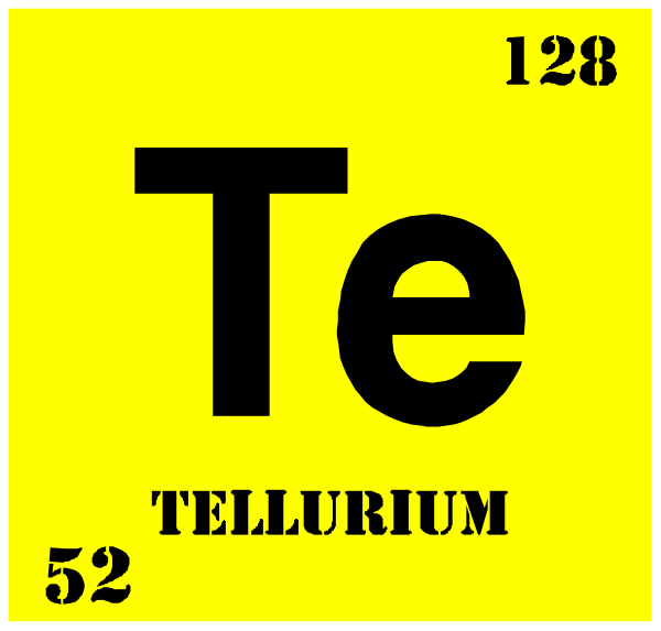 The periodic table element symbol for Tellurium (Te) with atomic number 52 is displayed on a yellow background in this image. There's no other object present here; it focuses solely on Te, which represents tellurium as an atom from the periodic chart of elements. No people or animals are depicted within this clip-art illustration. The action shown involves displaying information about Tellurium (Te) and its atomic number 52 in a visual format that is commonly used to represent chemical symbols for different atoms on the periodic table, which helps scientists identify various properties such