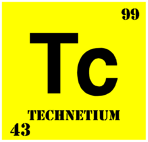 The periodic table with elements technetium (Tc) highlighted on a yellow background.
