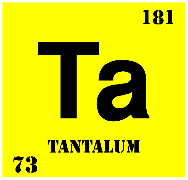 The periodic table element symbol "Ta" with atomic number 50 is shown next to its name Tantalum in a yellow box on top of another square labeled '79' which represents tantalium, and below it there is an image of a taunting face emoji. This clip-art style graphic also includes the periodic table symbol for Ta (Tantanlum) with atomic number 50 next to its name Tantalum in black text on top left corner. The background color behind these elements appears white, and no other objects or actions are visible within this