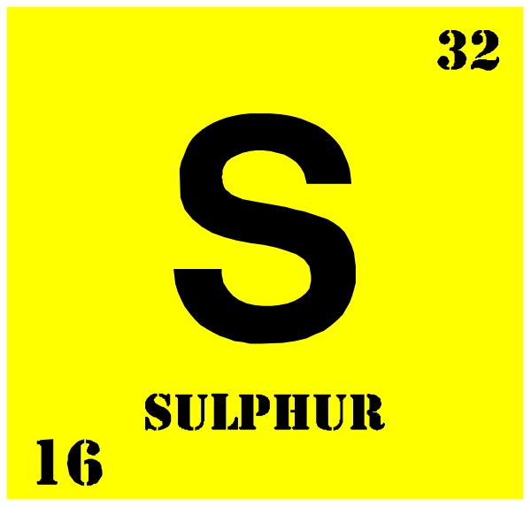 The periodic table element symbol "Sulfur" with atomic number 16 is displayed on a yellow background within an atom-like structure that resembles sulfur's chemical formula S_8^2-. There is no text present in this image, and it does not depict any actions or settings. It focuses solely on the representation of sulfur as depicted by its atomic symbol "S" with 16 protons (nucleus) surrounded by eight electrons arranged around a central nucleus to represent an octahedral arrangement typical for sulfur's electron configuration