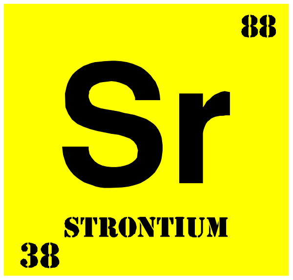 The periodic table element symbol for strontium (Sr) with atomic number 38 is displayed on a yellow background in this image. There's also an atom model of Sr at bottom right corner, and it has two electrons outside its nucleus. In top left corner there are some text that reads "Periodic Table" along the periodic table symbol for strontium (Sr).