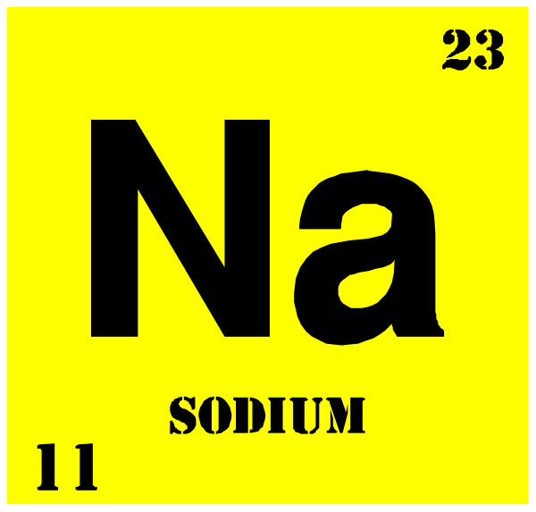 The periodic table with sodium (Na) highlighted as element number 23 on a yellow background.