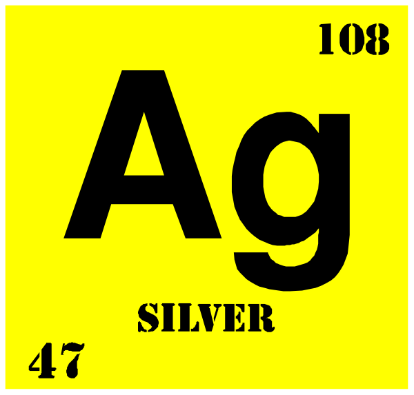 The atomic symbol for silver with a number "108" above it on top of another element's periodic table square.