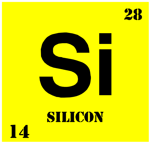 The periodic table element symbol for silicon (Si) with a yellow background is shown next to its atomic number 14 in black text on top of it. There's also an image of a person holding up two fingers, but that doesn't seem relevant here as there are no other objects or actions described and the focus seems to be solely on silicon from this description provided. The setting is not specified either so I won't describe any location details based only on what you see in the clip-art image.