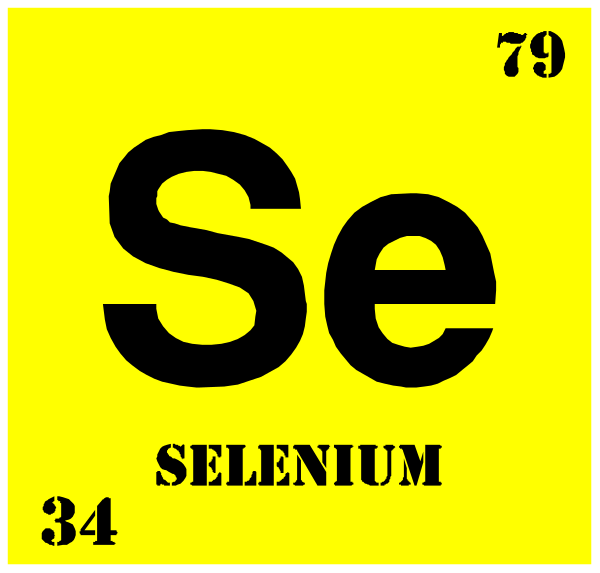 The periodic table element symbol for selenium (Se) with its atomic number 54 is displayed on a yellow background within an atom-like structure that resembles the chemical formula of sulfur dioxide, SO2. There's also text above it reading "Periodic Table" and below it stating "Selenium." The image has a playful or educational theme related to chemistry.