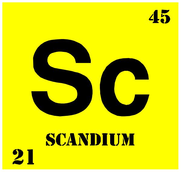 The periodic table element symbol for scandium (Sc) with atomic number 21 is displayed on a yellow background within an atom-like structure that resembles its chemical properties as part of this image's content, which also includes text and other elements related to science or education. This clip art does not depict any real objects, people, animals, actions, or setting; it represents the conceptual idea associated with scandium in a visual format typically used for educational purposes such as teaching chemistry concepts like periodic tables of chemical elements.