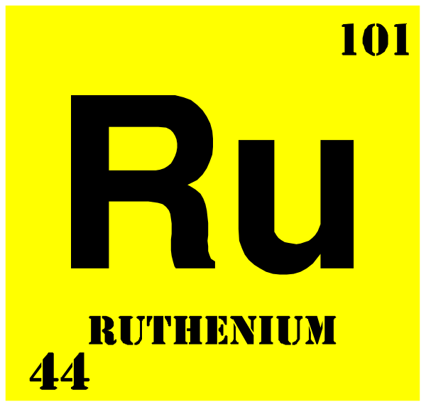 The periodic table element symbol "Ru" for Ruthenium with atomic number 48 is displayed on a yellow background in this image. There's also an additional text that reads '101'. This could be interpreted as either a reference to ruthenium being the first transition metal or perhaps it signifies some sort of educational context, such as "Ru" being part of a periodic table lesson plan for 4th grade students (as indicated by the number). The image is simple and straightforward with no additional objects, people, animals, actions, or setting.