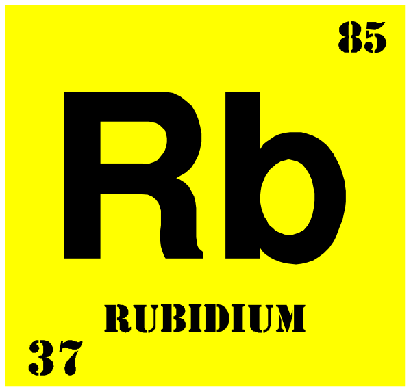 The periodic table element symbol for rubidium (Rb) with atomic number 37 is displayed on a yellow background in this image. There's also an atom model of Rubidium shown above it, and below that, there's text reading "rubidium" written underneath the chemical formula Rb. The periodic table element symbol for rubidium (Rub) with atomic number 37 is displayed on a yellow background in this image. There's also an atom model of Rubidium shown above it, and below that, there's text reading "