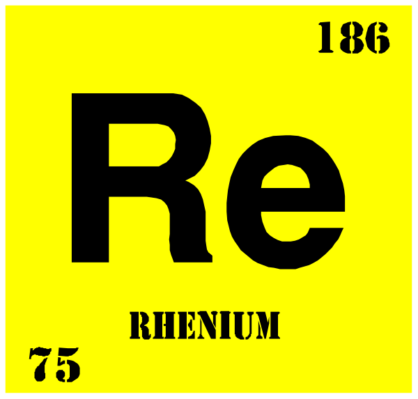 The periodic table element symbol for Rhenium (Re) with its atomic number 56 is displayed on a yellow background in this image. There's also another text that reads "Rhodium" and an additional label indicating it as "79". This clip-art style graphic features the chemical symbol of Re, which represents Rhodium, along with some other elements like Rhenium (Re) and Rheinum (Rn).
