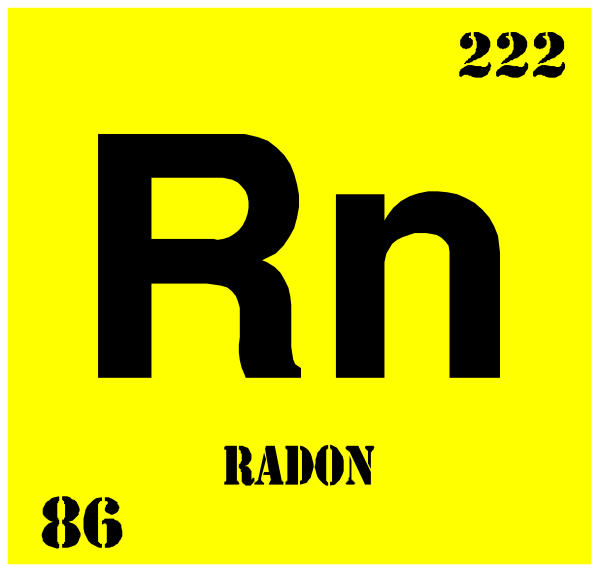 The atomic symbol for radon with its element number "86" on a periodic table background.