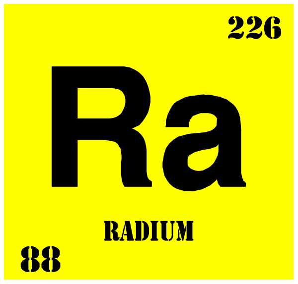 The periodic table element symbol for radium (Ra) with atomic number 88 is shown on a yellow background in this image. There's also an additional text that reads "Radium". This clip-art does not depict any objects, people or animals and there are no actions taking place within the frame of the image. The setting appears to be abstract as it only contains symbols related to chemistry without providing context for a specific environment.