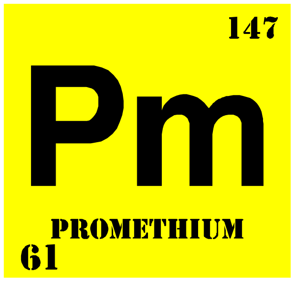 The image shows a periodic table with elements prominently displayed: Promethium (Pm) at position 61 on row 4 of group 8; Neon (Ne), Argon (Ar), Krypton (Kr), Xenon (Xe); and Palladium (Pt). The image also includes the atomic number, symbol, name, and a brief description for each element. Additionally, there is an illustration of Promethium's chemical formula: 61Pm. In terms of actions or setting, no specific details are provided