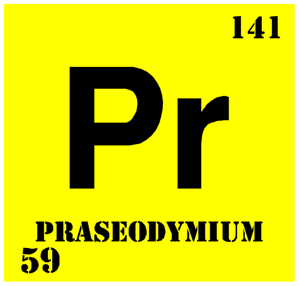 The periodic table with a focus on Praseodymium (Pr) element 59 symbolizing its atomic number in yellow text against black background.