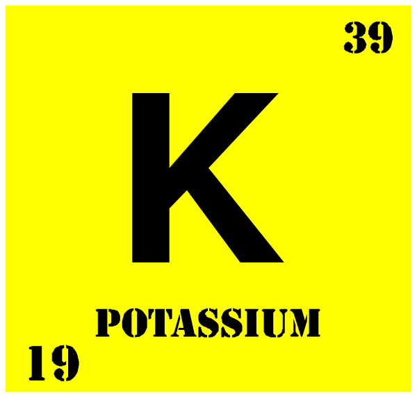 The periodic table element symbol K with atomic number 39 on a yellow background is shown next to an atom of potassium labeled "Potassium" in black text above it. There's also another label that reads "Kalifornium." In the bottom right corner, there are two numbers: '19' and '20'. The image has a simple design with no additional context or setting provided.