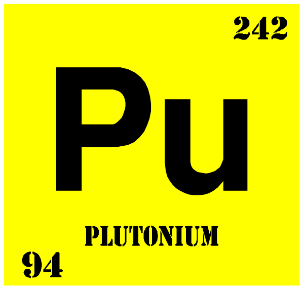 The periodic table with elements Pu (plutonium) highlighted on a yellow background next to its atomic number 94 in black text at top right corner of image.