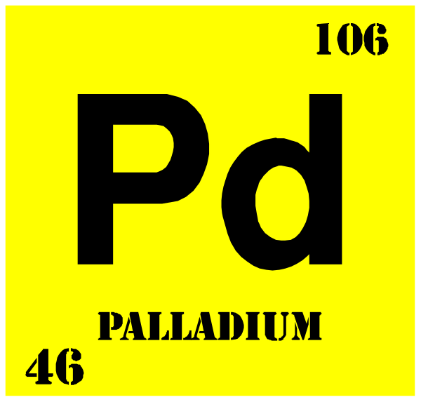 The image shows a periodic table with elements like "Periodic Table," "Paladium" (with atomic number 50), "Palladium" again in another context as an element symbolized by Pd, and other chemical symbols such as Hydrogen (H) at the top left. There is also text that reads "106." The background of this image appears to be a plain yellow color with no additional details or objects present.