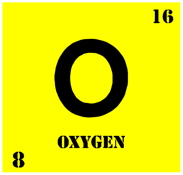 The image shows a periodic table with an oxygen atom highlighted by being surrounded by yellow squares; it is labeled "Oxygen" at the top right corner of its square on the chart.