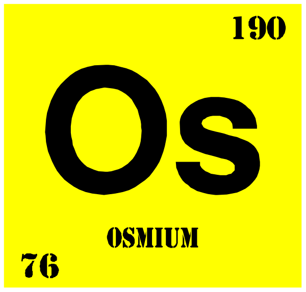 The periodic table element symbol for osmium (Os) with atomic number 52 is displayed on a yellow background within an atom-like shape that resembles its chemical structure in black ink. There's also text above it reading "Osmium" and below it, the word "osmium." The image has no other objects or actions depicted; there are no people, animals, colors (other than those described), setting, etc., as this is a simple clip-art representation of an element from the periodic table.