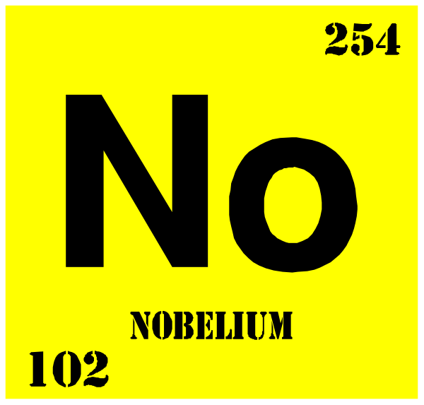 The atomic symbol for nobelium with its number "102" on a yellow background next to another sign that says no in black text above it.