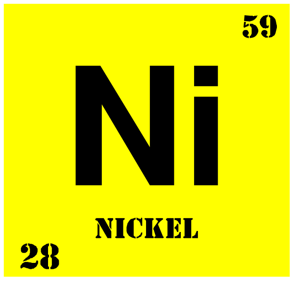 The periodic table element symbol Ni (nickel) with atomic number 28 is displayed on a yellow background within an atom-like structure that resembles a chemical flask labeled "Ni" at top and bottom, indicating nickel's position in the chart of elements; above it reads "#59," which could be interpreted as its group or period. The image has no people, animals, actions, setting details visible within this small clip-art representation focused on chemistry education.