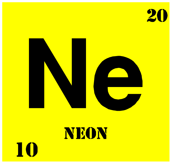 The image shows a periodic table with elements "Neon" highlighted at position 10 on row number 2 of group number 8 in box number 56 within yellow borders labeled as 'Periodic Table' and above it, there is text that reads 'NEON'. Below the neon element, additional information states 'Element Number: 10', indicating its atomic number. The background color behind this table appears to be white with a black border framing the entire image of periodic tables. There are no other objects or people in sight within this small clip-art picture focused on