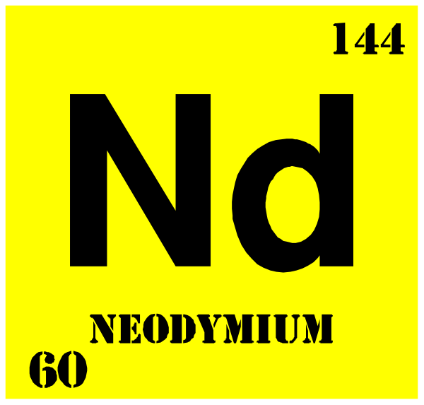 The periodic table element symbol 'Nd' for Neodymium with atomic number 60 is displayed on a yellow background in this image. There are no other significant elements present besides these details about neodymium and its positioning within the periodic chart. No people, animals or actions can be discerned from this clip-art representation of an element's symbolic placement among others in the table.