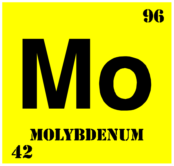 The periodic table element symbol for molybdenum (Mo) with its atomic number 42 is displayed on a yellow background within an atom-like structure that resembles a chemical flask containing liquid, and it's labeled "Molybdénium" at the bottom right. There are no other objects or people in this image; only text labels for elements of the periodic table can be seen: 'Periodic Table', 'Atomic Number 42'. The setting is not specified as there isn't any indication about location, time, etc., and it appears