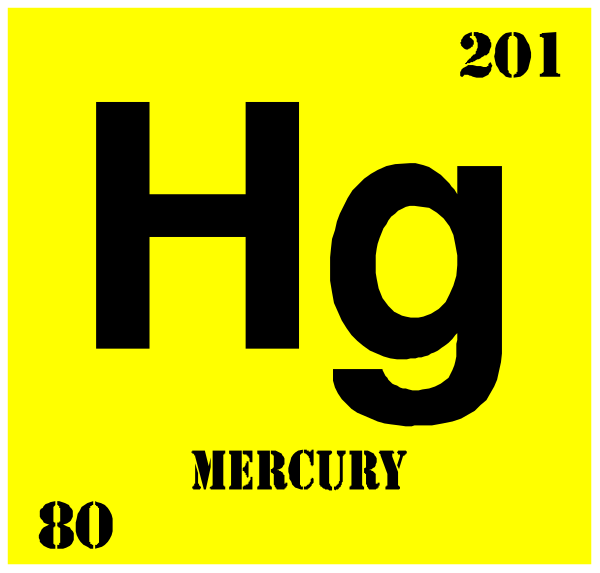 The periodic table element symbol for mercury (Hg) with a yellow background on top of another atomic number 201 signifying its position in the chart.