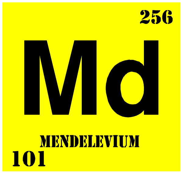 The image shows a periodic table with an element symbol "Md" for Mendelevium at position 58 in group 2 on row 4 of the chart. It is accompanied by text that reads, 'Periodic Table: MENDENDELIVM - 101'. There are two images within this image; one shows a periodic table with "Md" highlighted and another displays an atomic symbol for Mendelevium above it. The background color of the element's box is yellow on top half, black in bottom half, and white text inside reads '