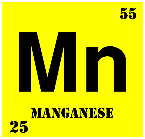 The periodic table element symbol "Mn" for Manganese with a caption that reads 'MANGANESE' in black text on top of it is shown along with its atomic number 25, which appears to be written as part of an equation or statement below the main title. This image seems like educational material related to chemistry and elements from periodic table. The background color behind these texts is yellow. There are no other objects, people, animals, actions, or settings visible in this clip-art image.