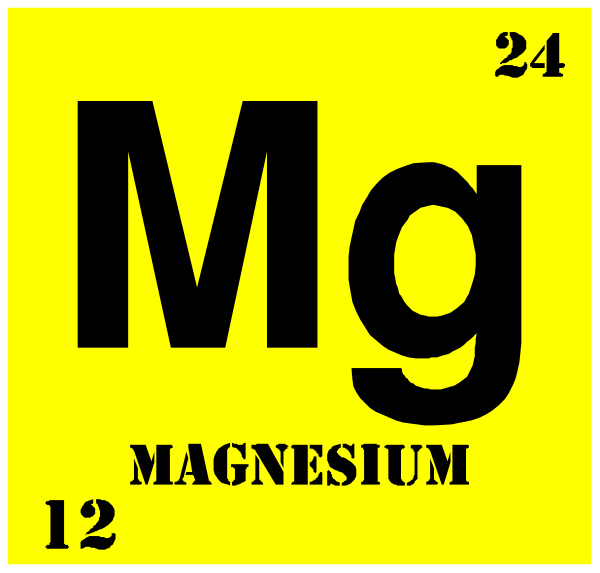 The periodic table element symbol for magnesium with its atomic number 12 displayed next to it on a yellow background.