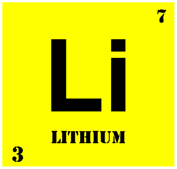 The periodic table with lithium highlighted as element number 3 on it.