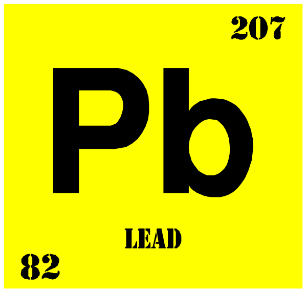 The image shows a periodic table with elements Pb (lead) highlighted at position 82 on it; above this element is an atomic symbol for lead, which consists of two vertical lines representing electrons in orbit around nucleus and three horizontal bars indicating energy levels or shells within the atom. Below the atomic symbol are numbers "104" to represent its atomic number (Z) and a chemical formula Pb with subscript 2 at bottom right corner for oxidation state, which is +II; above this element in bold black letters reads 'LEAD' on top