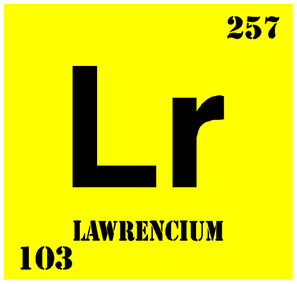 The periodic table with elements LR (Lanthanum) 103 and Lawrence Krennium 57 on it; a yellow background behind them.