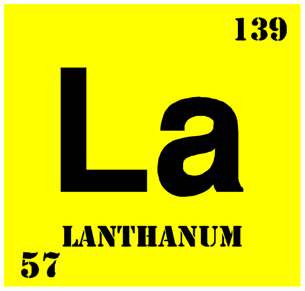 The periodic table element symbol "La" for Lanthanum with atomic number 57 is shown on a yellow background in this clip-art image. There's no other object present here. This appears to be an educational material, possibly used as part of chemistry or science education content. It does not depict any actions being performed by objects nor showcase people or animals within the frame. The setting seems to focus on scientific representation and information sharing about chemical elements in a periodic table format.