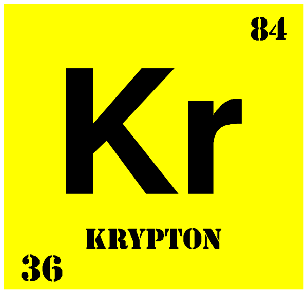 The periodic table element symbol "Kr" for krypton with atomic number 36 is displayed on a yellow background in front of an atom model labeled 'krypton'. There's also another image showing the same text and logo, but it appears to be smaller or less detailed than the main one. This second image has no additional context provided within this description. The setting seems to suggest that these are educational materials related to chemistry.