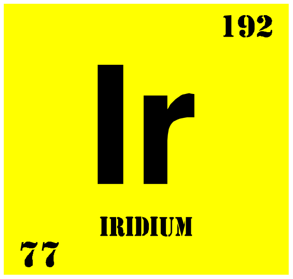The periodic table element symbol for Iridium (Ir) with atomic number 52 is displayed on a yellow background within an atom-like structure that resembles its chemical formula Irdiium. There's also another image of the same element in front, but it has been altered to include additional text and numbers: "197" above Iridium (Ir) with atomic number 52 is displayed on a yellow background within an atom-like structure that resembles its chemical formula Irdiium. The top right corner of the image contains another periodic table