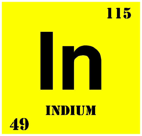 The periodic table element symbol for Indium (In) with its atomic number 53 is displayed on a yellow background within an atom-like shape that resembles a chemical flask containing liquid nitrogen, which has been used to cool down superconductors in experiments at CERN and other research facilities. This image does not depict any real people or animals; it's purely educational content related to chemistry.