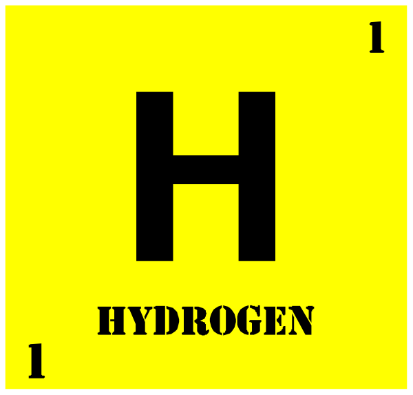 The image shows a periodic table with hydrogen highlighted at position 1 on top of it is written "HYDROGEN" in black text against yellow background; below that, there's an element symbol 'H', and to its right, there's another word "HYDRON". To the left side of this image, a periodic table with hydrogen highlighted at position 1 on top has two words written above it: "PERIODIC TABLE" in black text against yellow background. The bottom part shows an element symbol 'H2O', and to its right is another