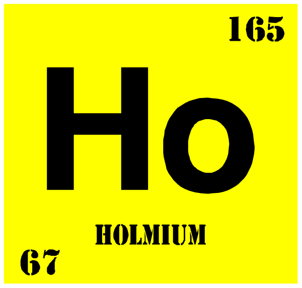 The atomic symbol for holmium on a periodic table with "Ho" written above it next to its number 67 in black text. Below that is an element name 'Holmium' in yellow and below that, another word 'HOLOMIUM'. In top right corner of the image there are two numbers: one reading '165', which could be a reference or indexing number for this periodic table entry; and another with the atomic weight 247.80 g/mol in black text next to it, indicating its relative mass compared to other