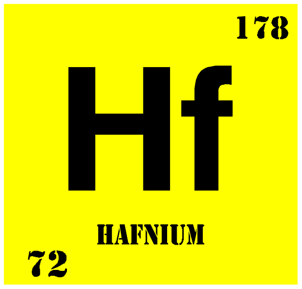 The periodic table element symbol for Hafnium (Hf) with its atomic number 72 displayed above it in a yellow box on top of an image that looks like a periodic chart background. There is also text at bottom right corner indicating "HAFINUM" and below the main title, there's another line saying "#108." The overall style appears to be educational or informational with clip-art elements used for visual interest.