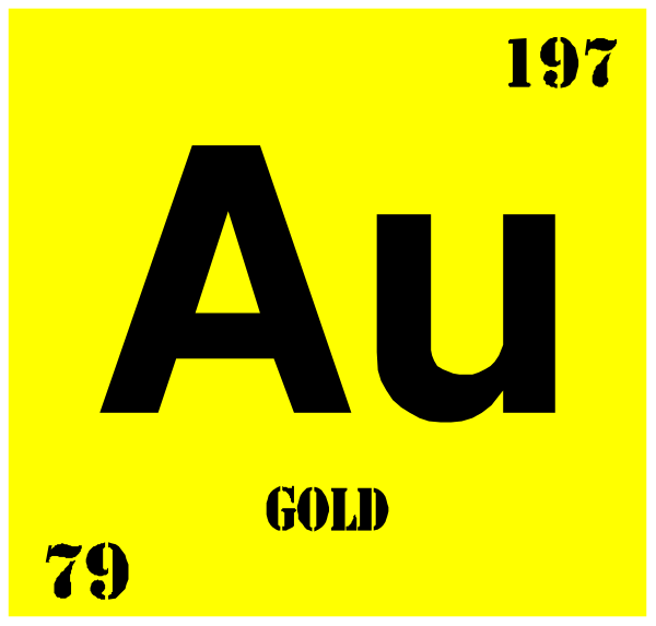 The image shows a periodic table with an atom symbol for gold (Au) highlighted next to its atomic number 79 in black text on top of it. Below Au is "Gold" written above two yellow rectangles, each containing numbers: one says '102' and the other reads '83'. The background has a white border with an image of a periodic table symbol for gold (Au) at its center inside another square frame that also contains text in black.