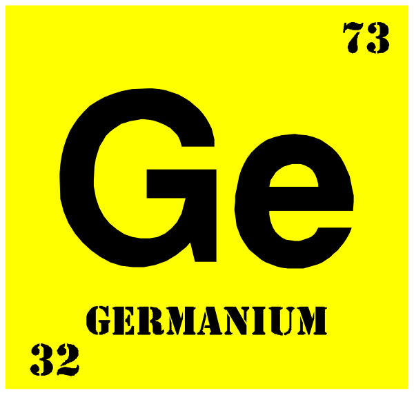 The periodic table element symbol for Germanium (Ge) with a yellow background is displayed along with its atomic number 32 in black text on top of it. There's also an image of a small, simple flagpole and a tiny building behind them both. This appears to be part of the "Periodic Table" series by Clipart Kingdom. The overall style suggests that this could possibly represent some form of educational material or decoration related to chemistry.