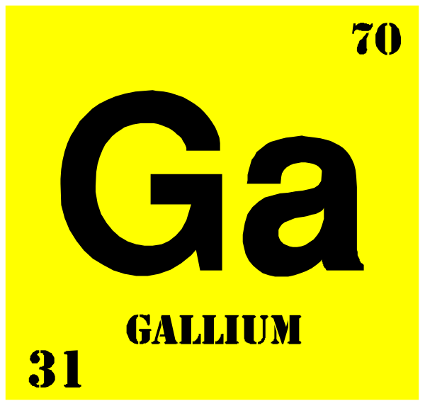 The periodic table element symbol for gallium (Ga) with its atomic number 31 displayed above it on a yellow background within an atom-like structure resembling that of hydrogen in the image provided, and below is written "GALIUM" followed by "GAULII". In front of this graphic are two periodic table elements: gallium (Ga) to its left with atomic number 31 displayed above it on a yellow background within an atom-like structure resembling that of hydrogen in the image provided, and below is written "GALIUM"
