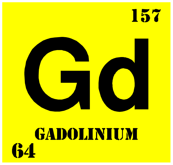 The periodic table element symbol for gadolinium (Gd) with its atomic number 57 is displayed on a yellow background in this image. There's also an additional text "CADODILINIUM" and another smaller text reading '64'. This clip-art style representation of the chemical element Gadolinium, which has been named Cadodilinum by its discoverer Jöns Jacob Berzelius (1798), is a rare earth metal.