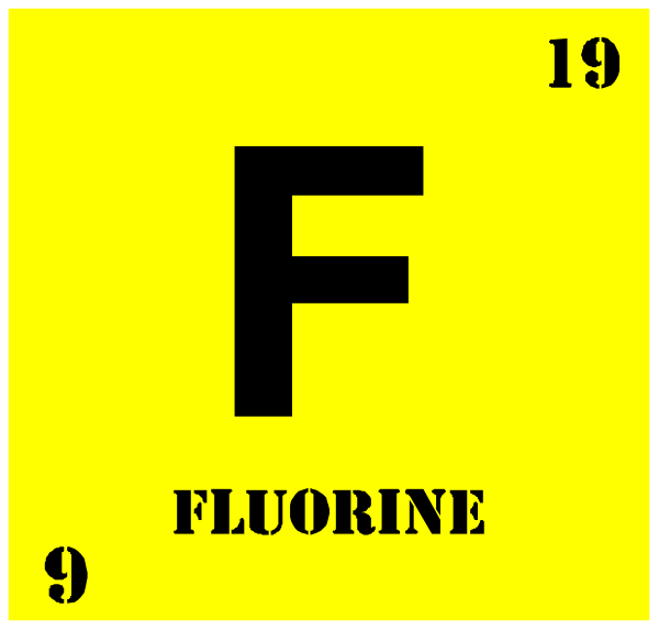 The periodic table element symbol for fluorine (F) with a yellow background on top of it is shown within an atomic structure graphic that resembles helium's inertness to chemical reactions, emphasizing its non-reactive nature and positioning atop other elements due to the noble gas property.