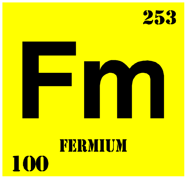 The image shows a periodic table with elements labeled "Fm" at position 253 on top right corner of yellow background. There is also text that reads "100 fermium." In bottom left, there's another element symbolized by 'Fe', which stands for iron and has an atomic number of 26 in the periodic table. The image appears to be a clip-art representation or educational material related to chemistry.