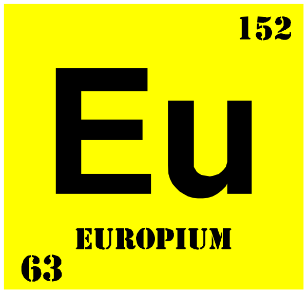The periodic table element symbol for europium (Eu) with a yellow background highlighting its atomic number 52 in black text at top right corner of image.